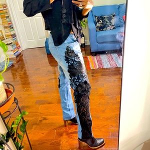 Lace and leather  appliqué jeans